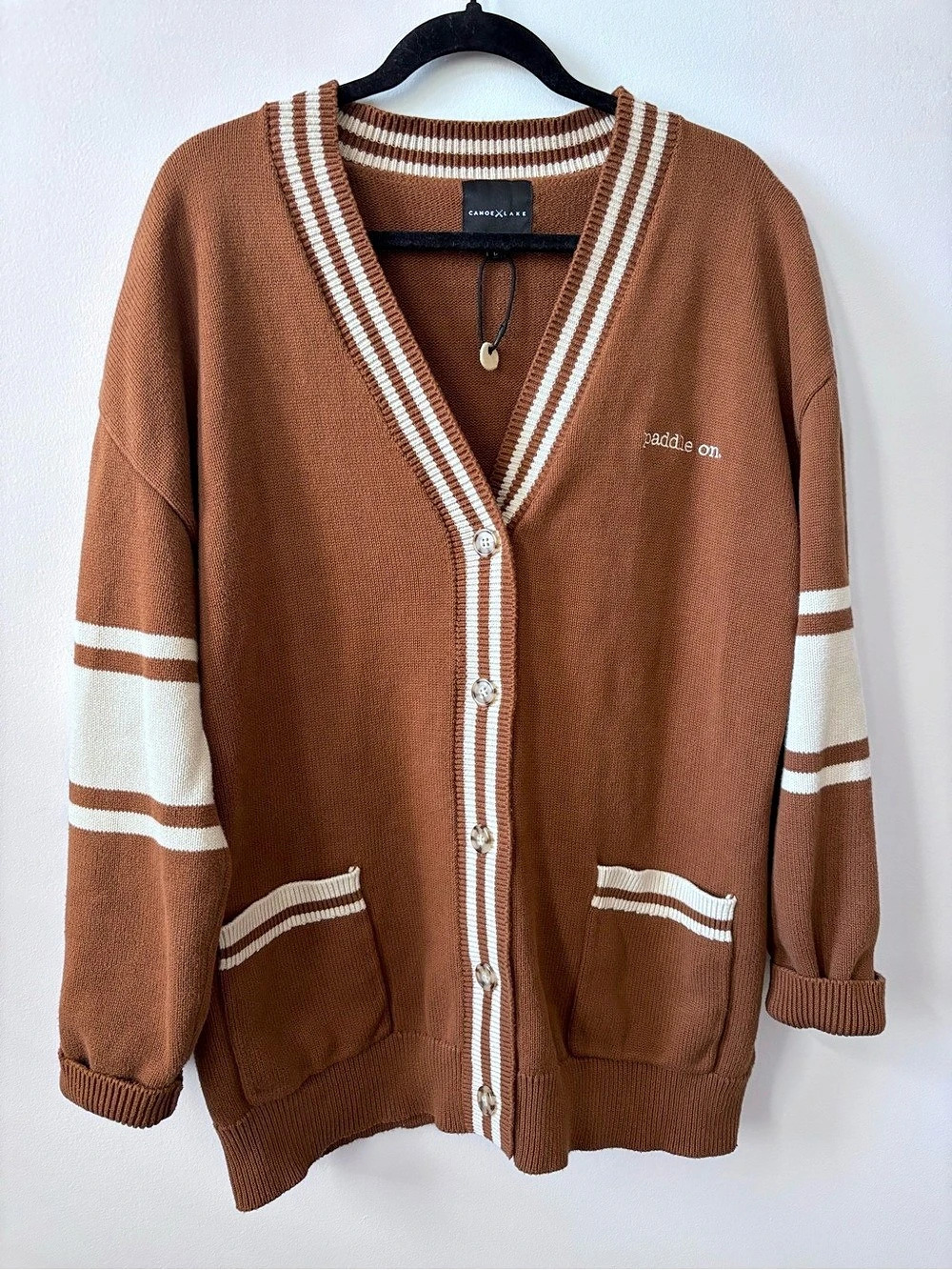 Canoe & Lake Dockside Cozy Knit Cardi Brown & Cream 100% Cotton Size Large
